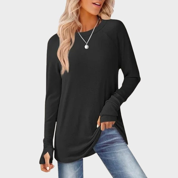 Women's Tunic Top Long Sleeve Round Neck with Thumb Holes Hover Image