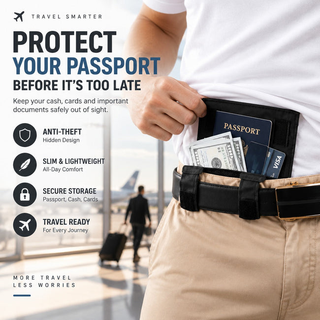 ✈️ Hidden Anti-Theft Passport Pouch – Slim Travel Security Belt Wallet for Cash, Cards & Documents Hover Image