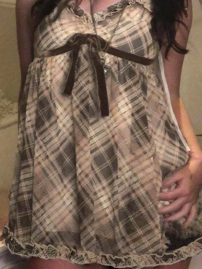 Women’s Plaid Bow Camisole Elegant Spaghetti Strap Top Main Image