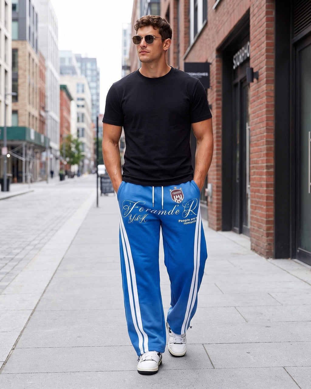 Ombre-wash embroidered side-stripe wide-leg sweatpants