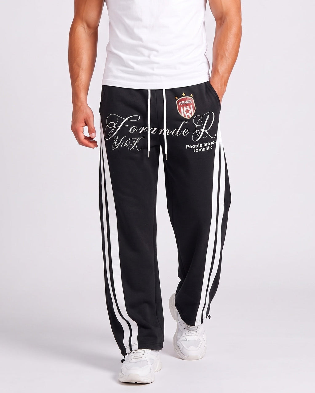 Ombre-wash embroidered side-stripe wide-leg sweatpants