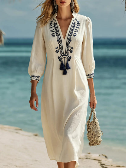 Resort-style Ethnic-style Blue Embroidered Off-white Cotton And Linen Midi Dress