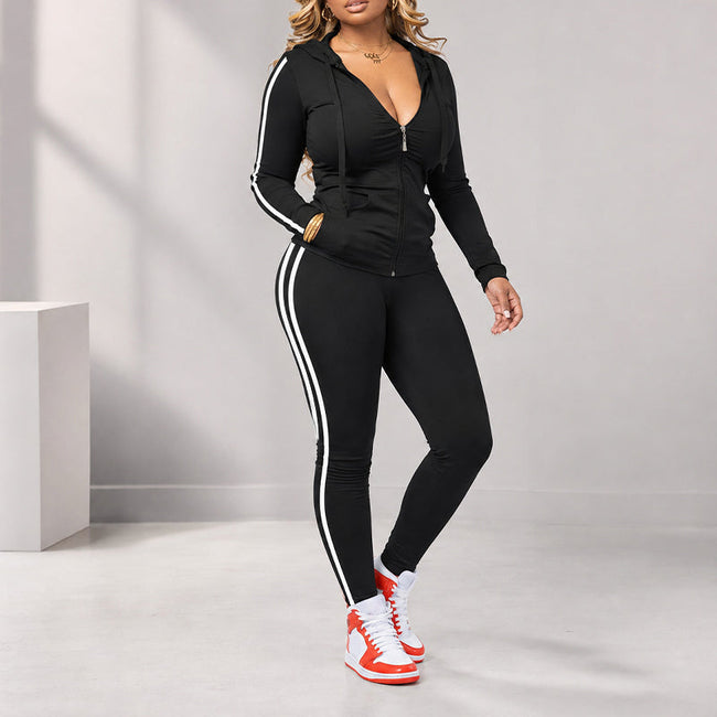 ✨ Sporty Everyday Comfort | Women's Striped Zip-Up Hoodie & Pants 2-Piece Set Hover Image