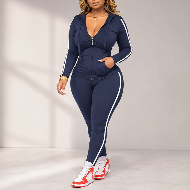 ✨ Sporty Everyday Comfort | Women's Striped Zip-Up Hoodie & Pants 2-Piece Set Main Image
